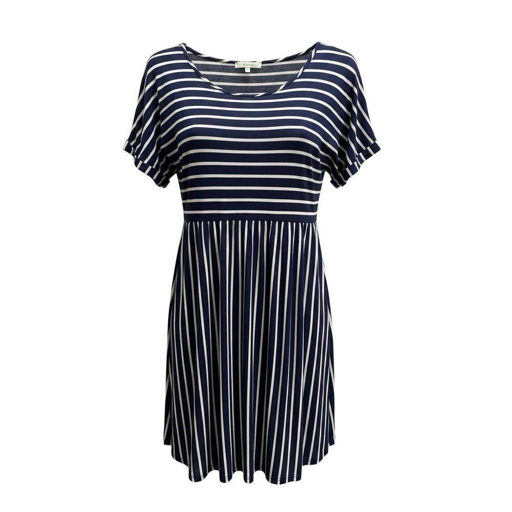 Andrée by Unit Women's Medium Navy White Striped Fit & Flare Dress Short Sleeve